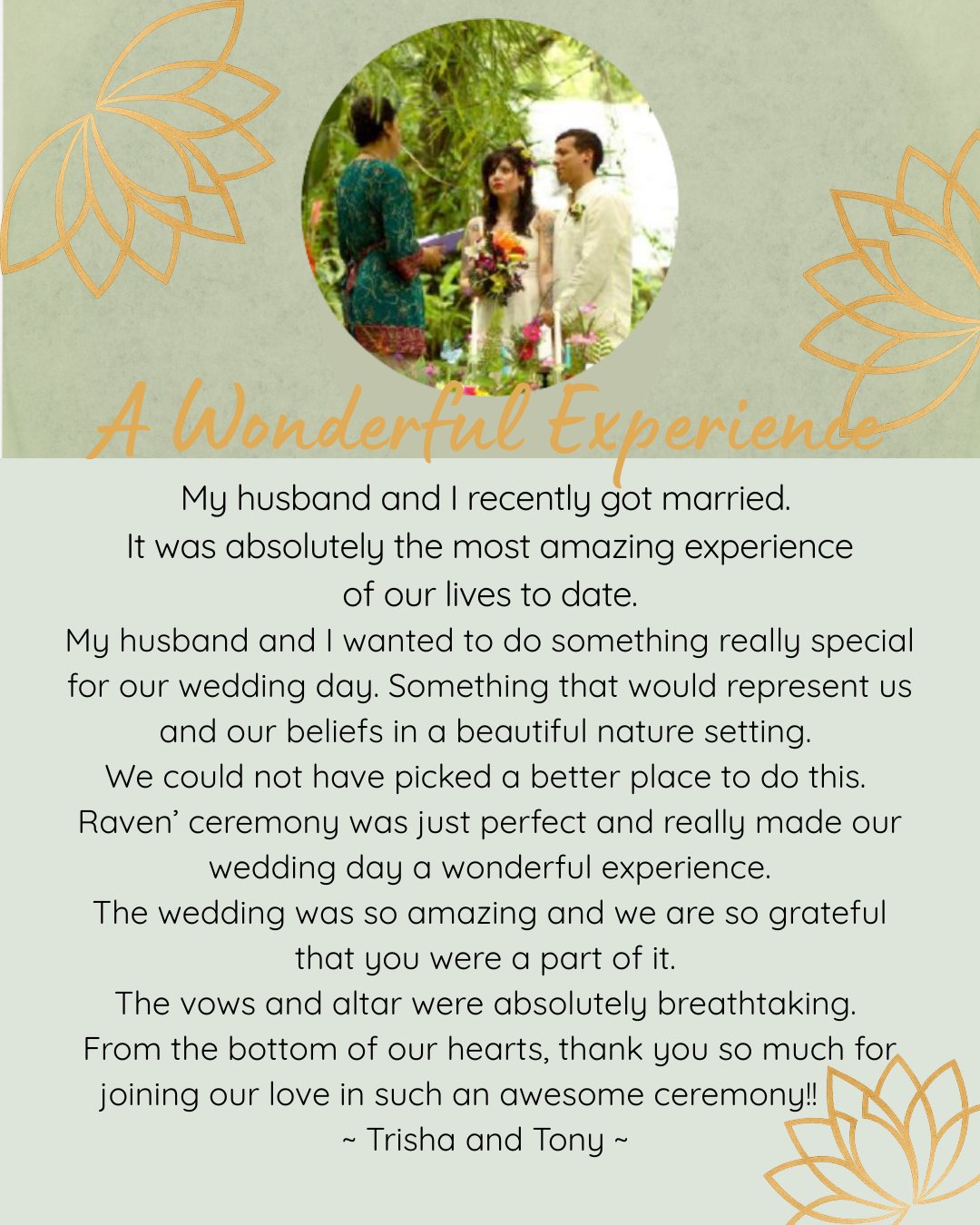 Testimonial from Trisha and Tony